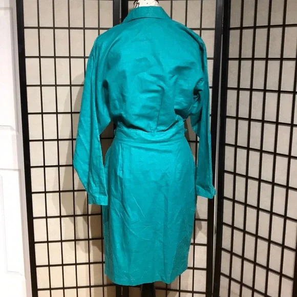 ✈️Nok Nok Vintage Ramie Teal Bodice wrap Overlay shirtdress Shift Sheath Pencil - Picture 5 of 16